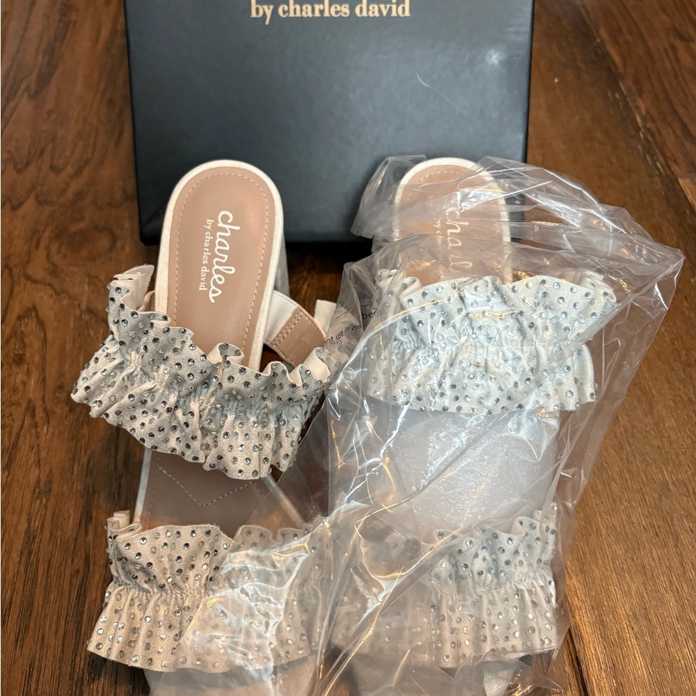 Charles David Women's White Ruffle Heels with rhinestones
